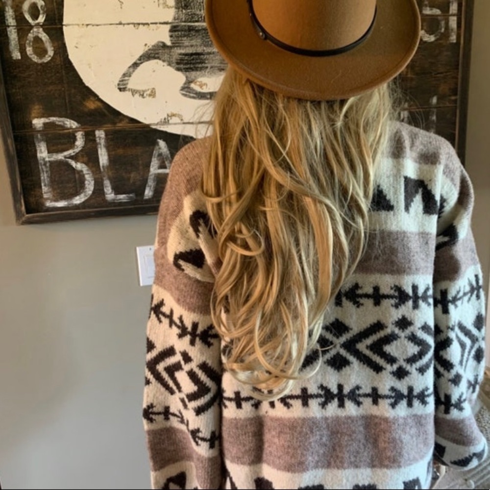 New Cowichan Print Native Knit Wool Cardigan Sweater Button Front V-Neck Top